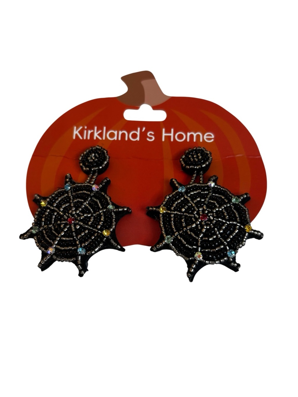 Black Seed Bead Spider Web Drop Earrings w/ Multiple-Colored Jeweled Accents.